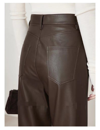 Women’s High Rise Genuine Straight Leather Pants Brown