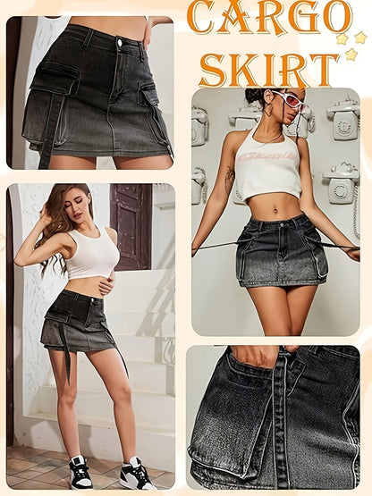 womens cargo denim jean mini skirt