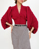 Women’s V-Neck Lantern Sleeve Blouse with Fitted Waist and Button Detail