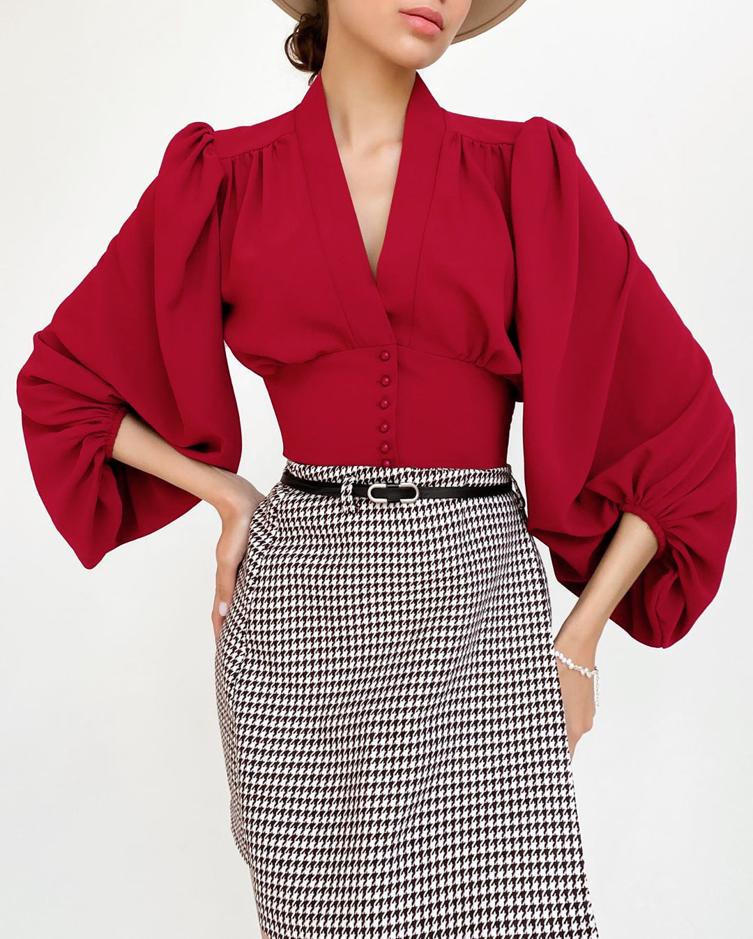Women’s V-Neck Lantern Sleeve Blouse with Fitted Waist and Button Detail