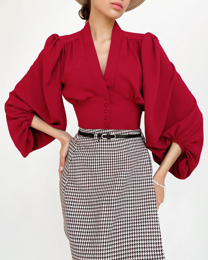 Women’s V-Neck Lantern Sleeve Blouse with Fitted Waist and Button Detail