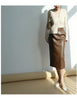 Brown sheepskin mid length bodycon leather skirt with slit