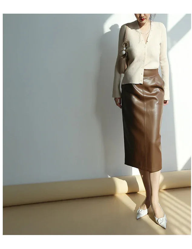Brown sheepskin mid length bodycon leather skirt with slit