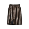 High waisted midi leather skirt with front slit and pockets