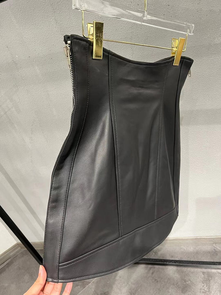 Leather Mini Skirt Black High Waisted Zip Front
