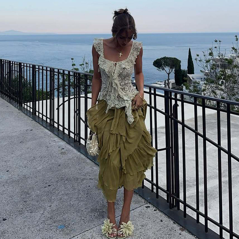 Lace-Up One Shoulder Top for Women Ruffle Ribbon Blouse