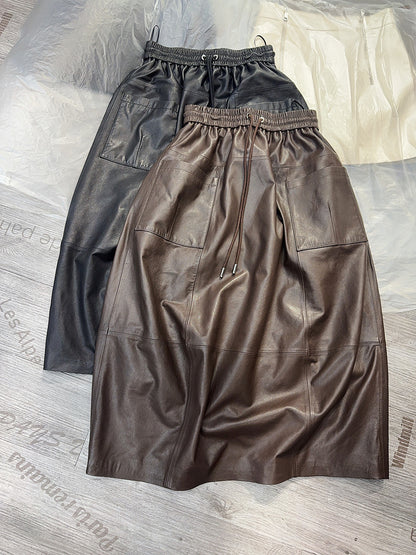 Women Leather Skirt Mid-Length with Pockets & Elastic Waist