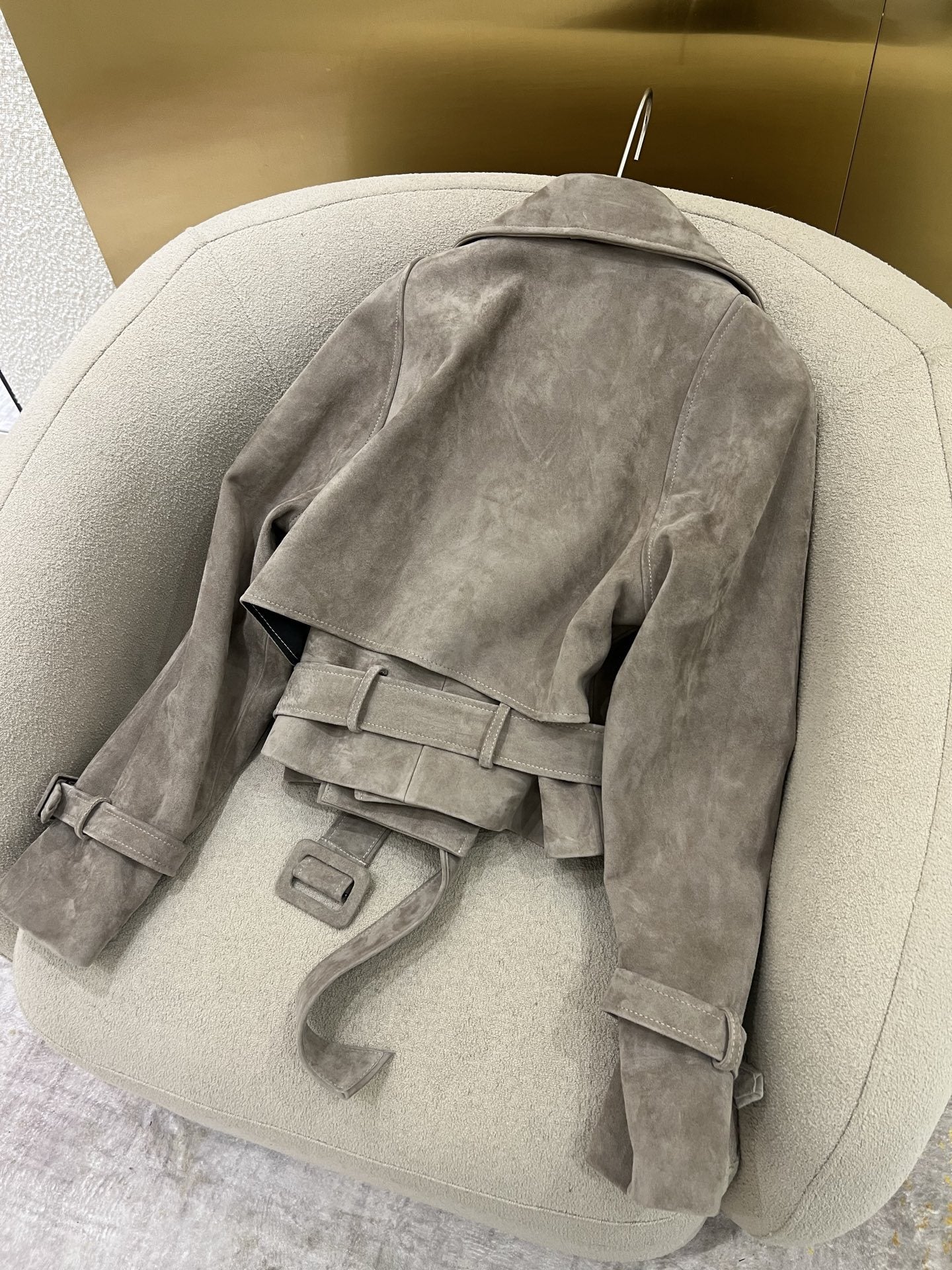 Women Suede Leather Short Trench Coat Maillard