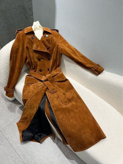 Women Suede Leather Trench Coat Double-Breasted Full Length