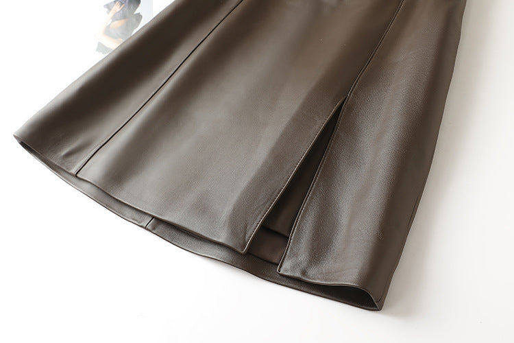 high waisted a-line mini leather skirt with front slit