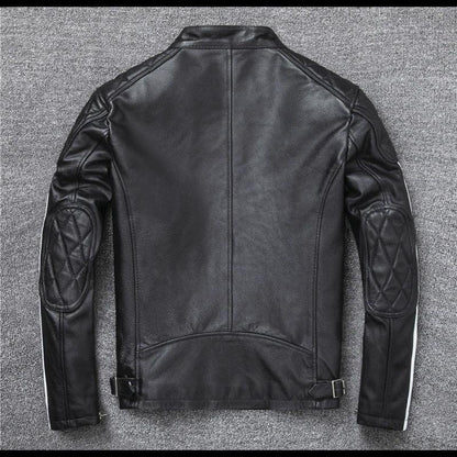 Men’s Genuine Leather Biker Jacket with Racing Stripes