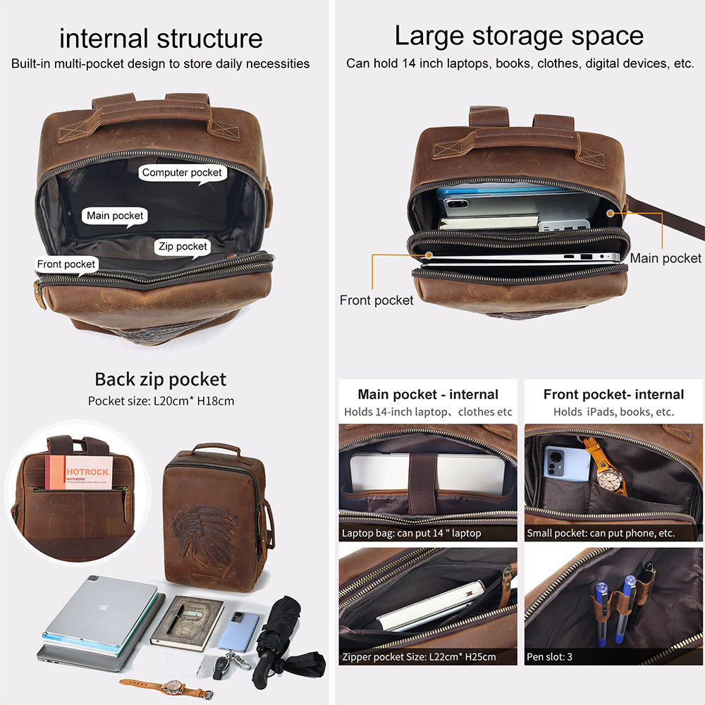 Genuine Leather Men’s Retro Crazy Horse Travel Backpack Laptop Bag