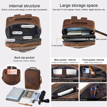 Genuine Leather Men’s Retro Crazy Horse Travel Backpack Laptop Bag