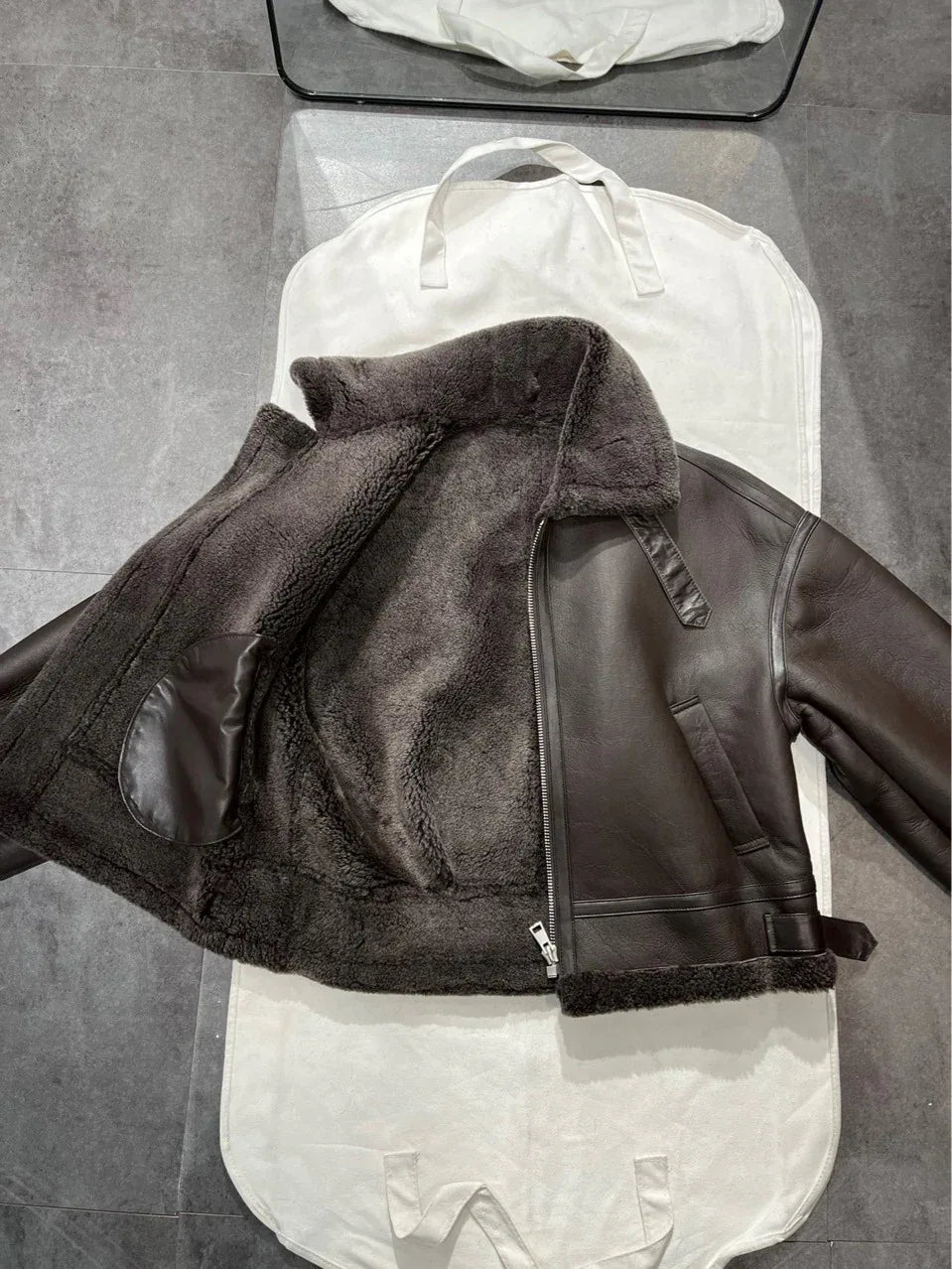 Women Leather Bomber Jacket with Real Fur Lining