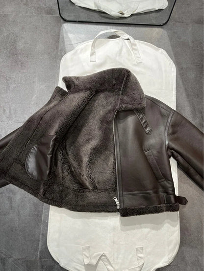 Women Leather Bomber Jacket with Real Fur Lining