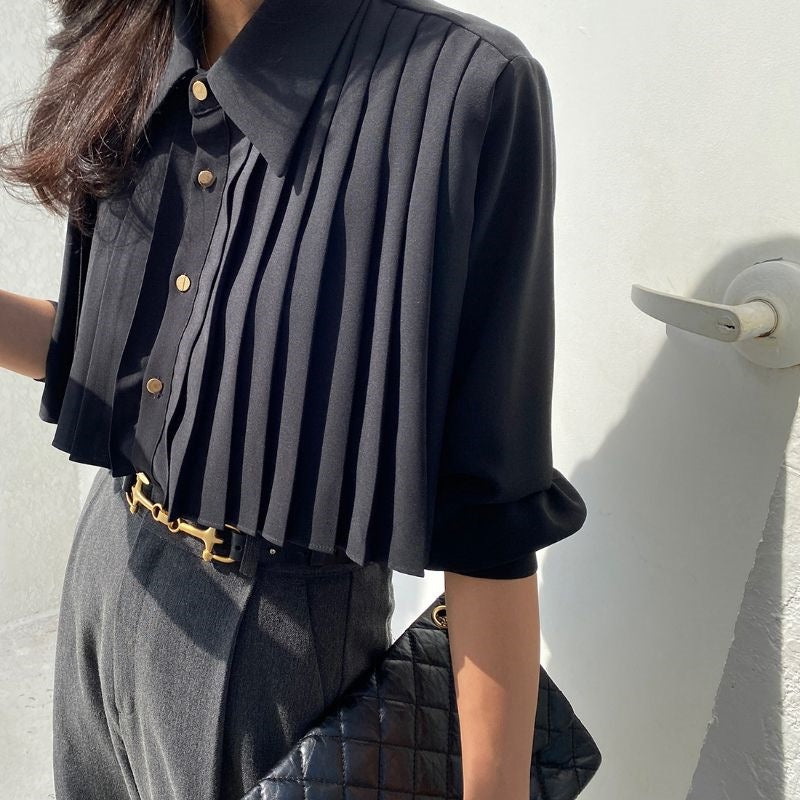 Pleated Design Solid Button Front Shirt