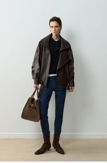 Women Loose Fit Leather Jacket Oversized Bomber Moto
