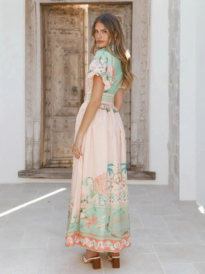 Floral linen belted button front summer maxi
