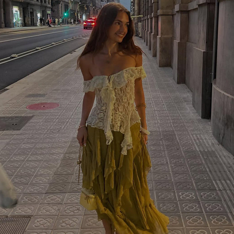 Lace-Up One Shoulder Top for Women Ruffle Ribbon Blouse