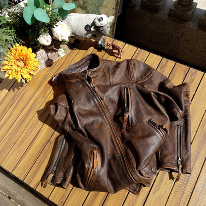Men’s Distressed Cowhide Slim Fit Motorcycle Jacket