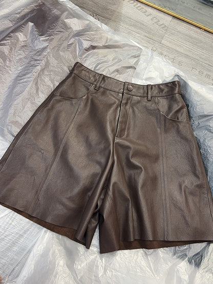 Black Leather Wide-Leg Shorts High Waist Women Shorts