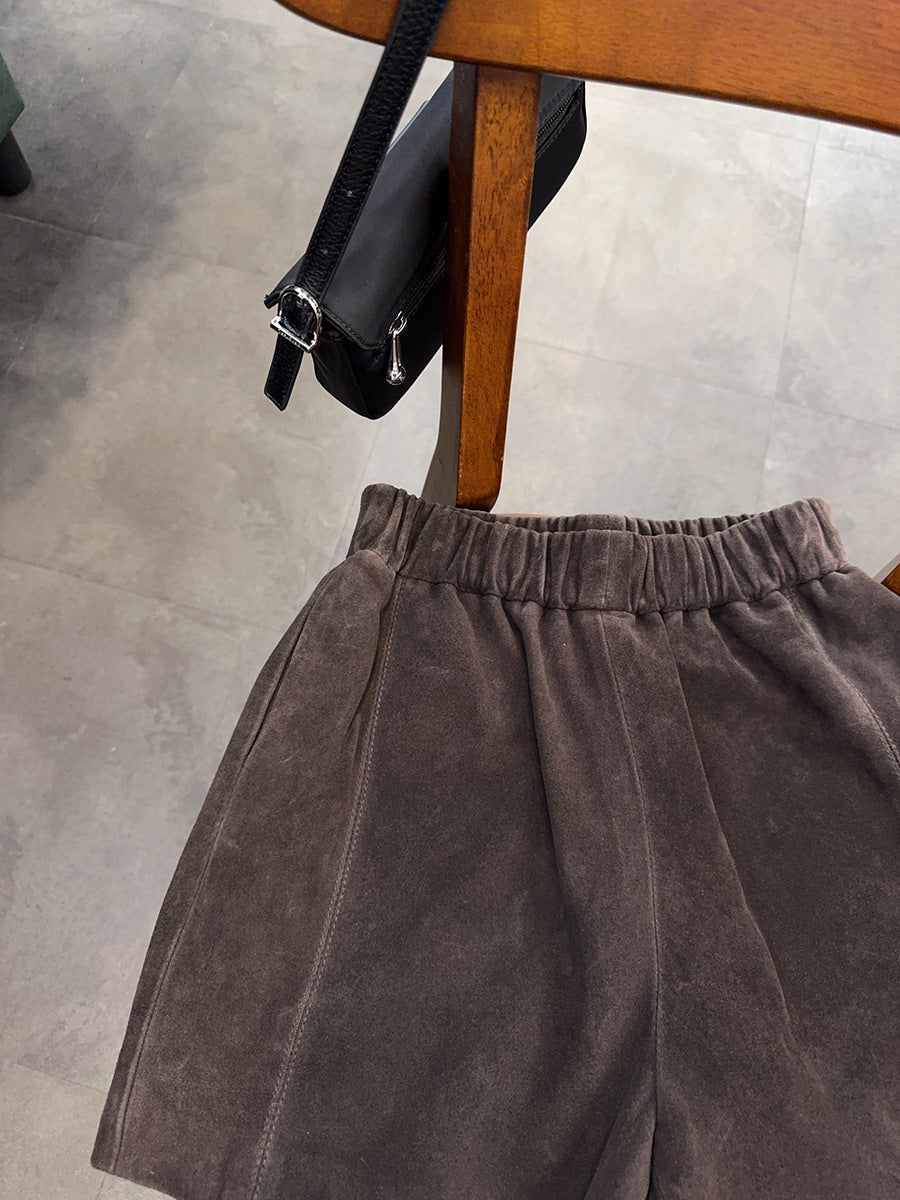 Women’s Genuine Suede Shorts  Wide Leg Brown Leather