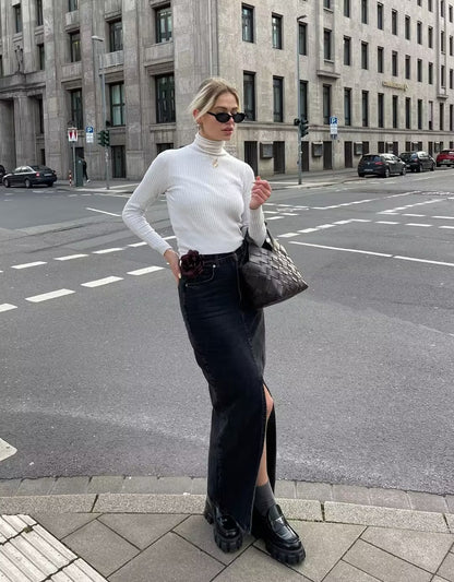 long denim skirt outfit