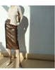Brown sheepskin mid length bodycon leather skirt with slit 2 S