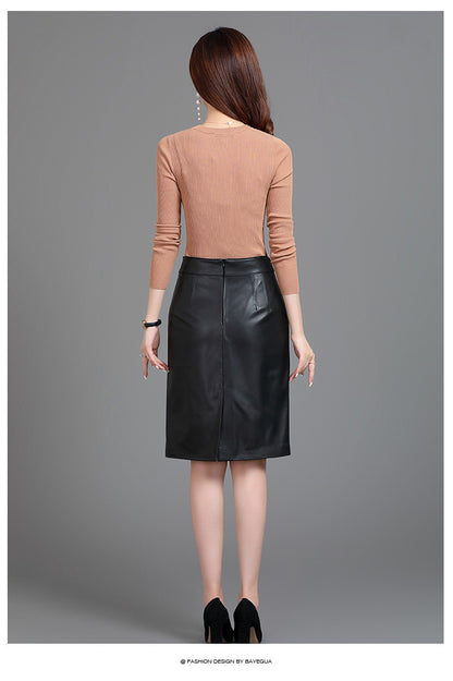Women Leather Skirt High Waist Mid-Length with Back Slit