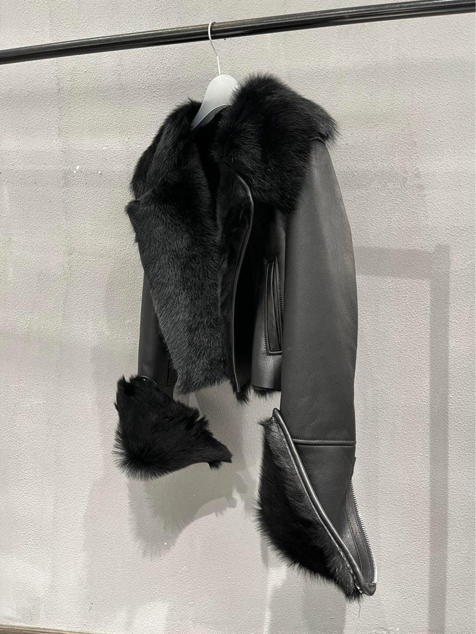 Women’s Genuine Leather Bomber Jacket with Shearling Fur Collar