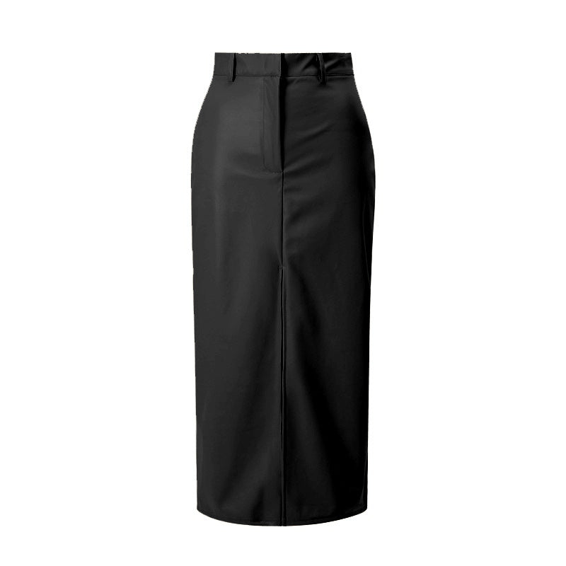 High Waist Leather Slit Straight Skirt