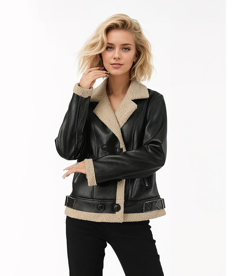 Black Faux Leather Jacket with Beige Shearling for Women