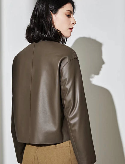Round neck cropped sheepskin leather jacket