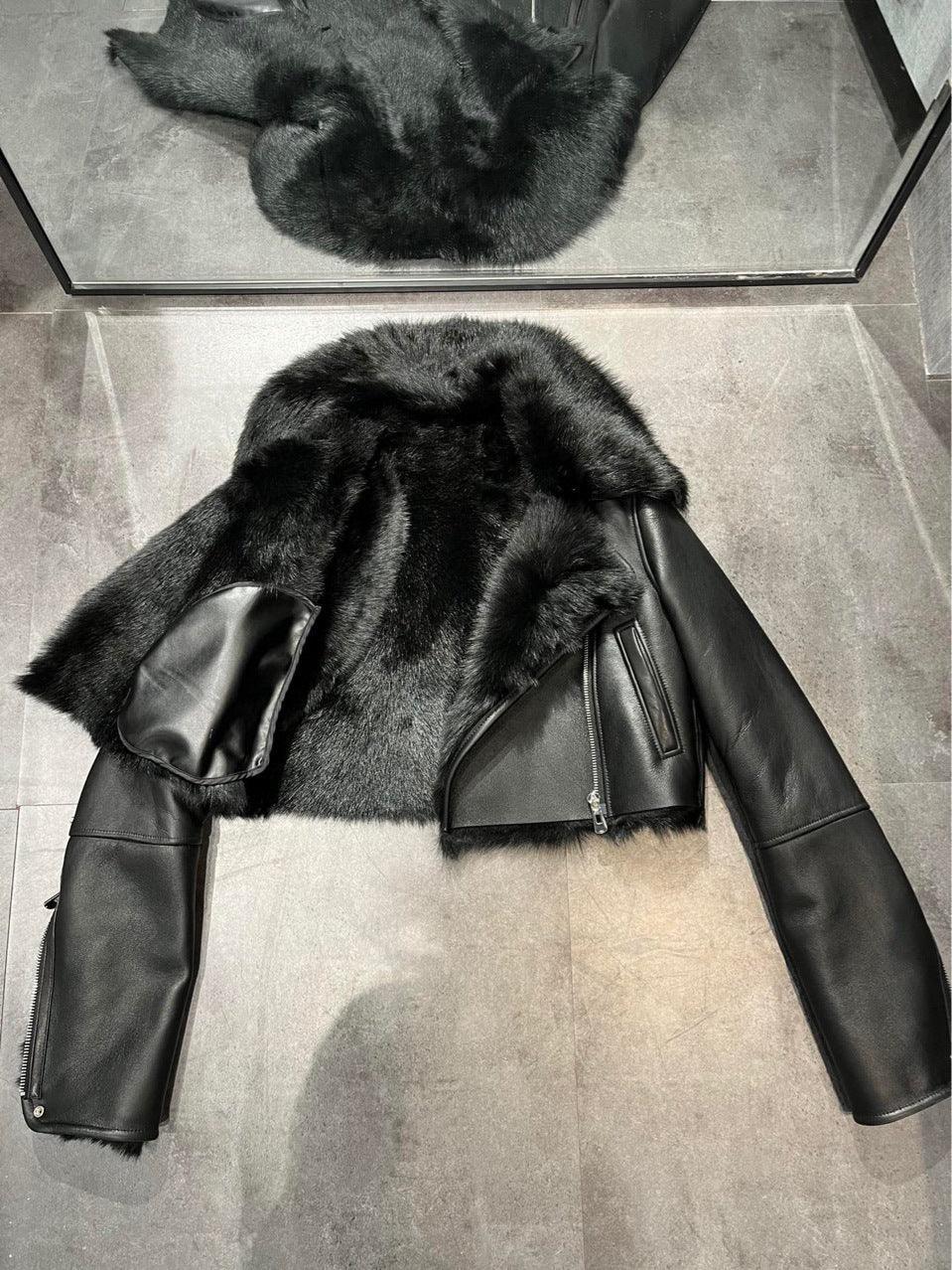 Women’s Genuine Leather Bomber Jacket with Shearling Fur Collar