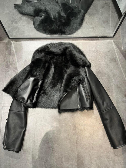Women’s Genuine Leather Bomber Jacket with Shearling Fur Collar