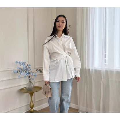 Women wrap tie waist long sleeve blouse