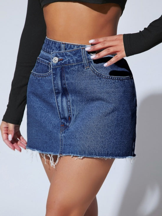 Denim Skirts Single Button Raw Hem