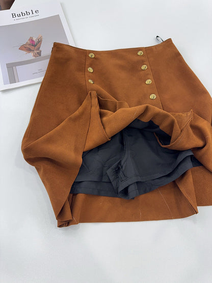 High-Waisted Suede Skirt with Gold Button Detail