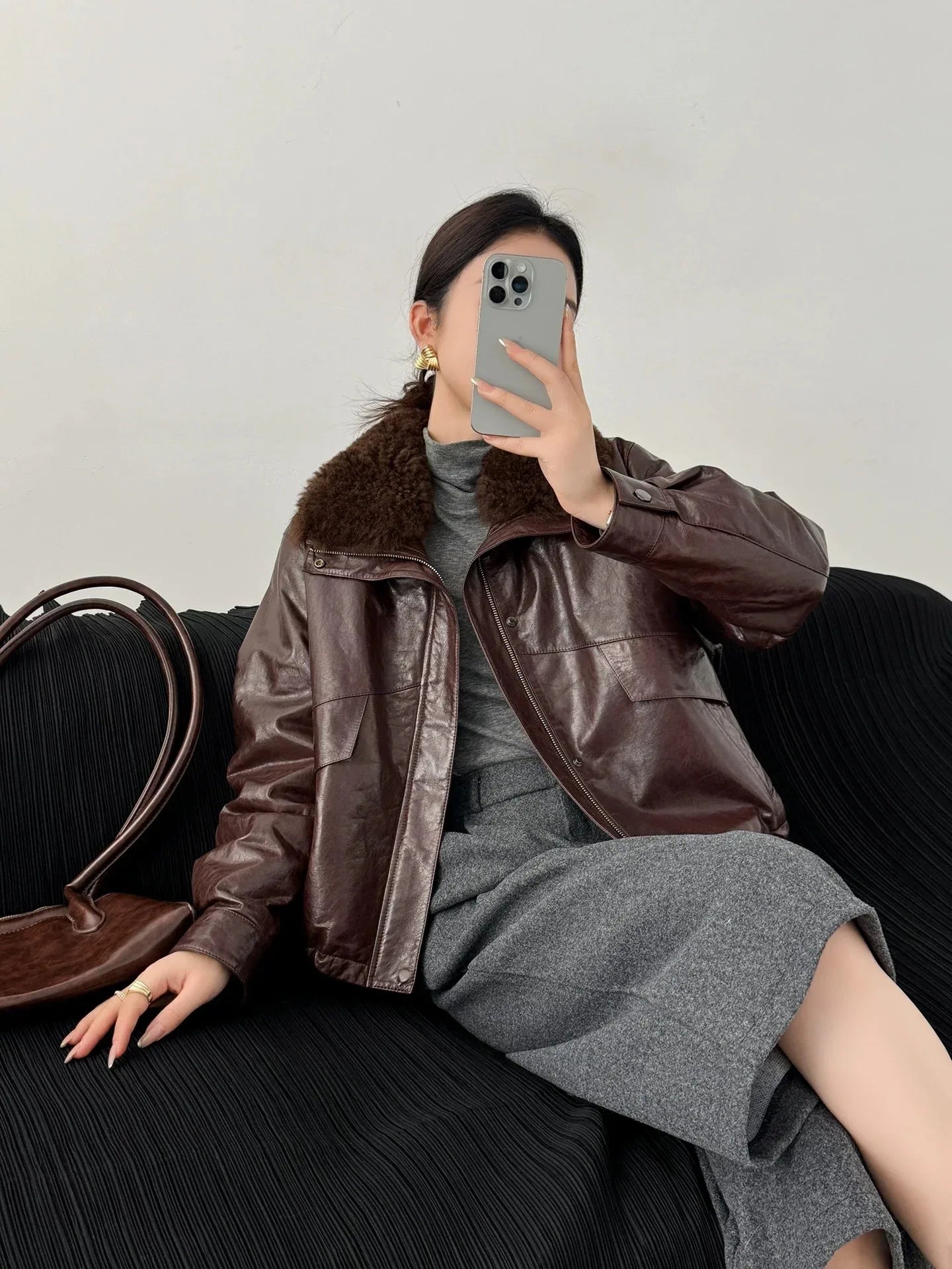 Women waxed leather aviator fur down jacket