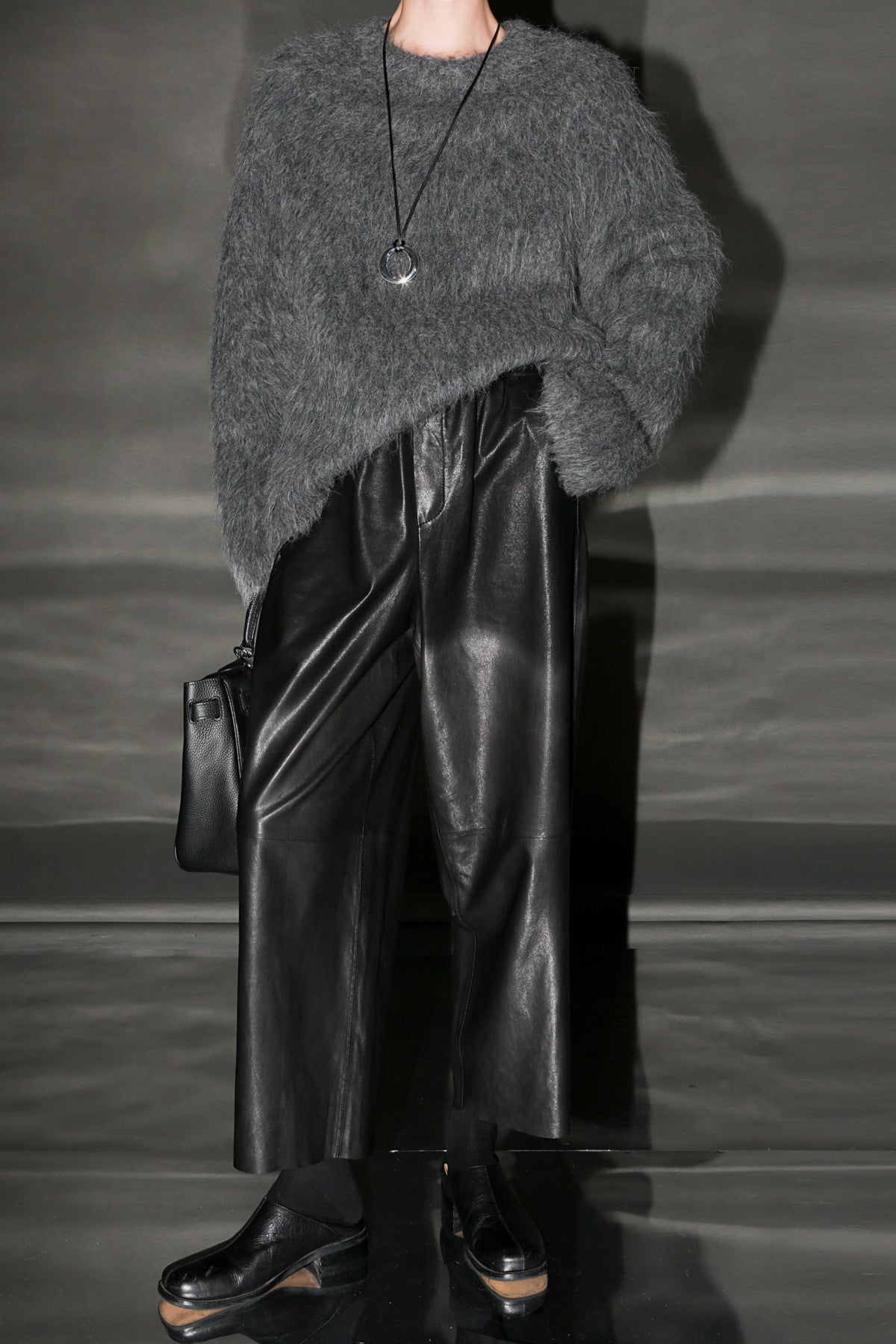 Women Genuine Leather High Waisted Wide Leg Pants