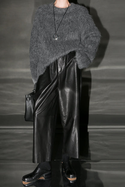 Women Genuine Leather High Waisted Wide Leg Pants