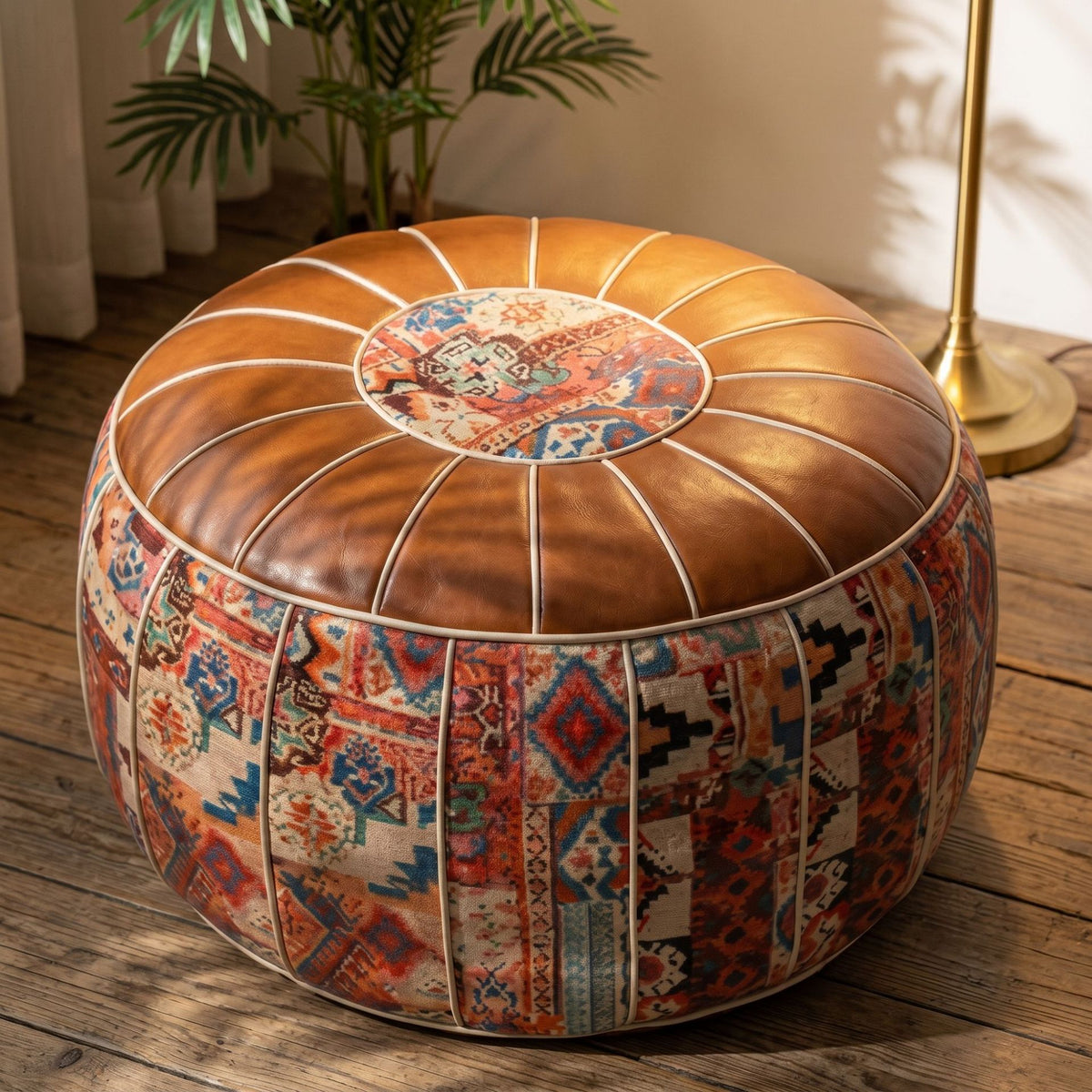 Faux Leather Pouf Ottoman with Bohemian Pattern and Zipper Storage