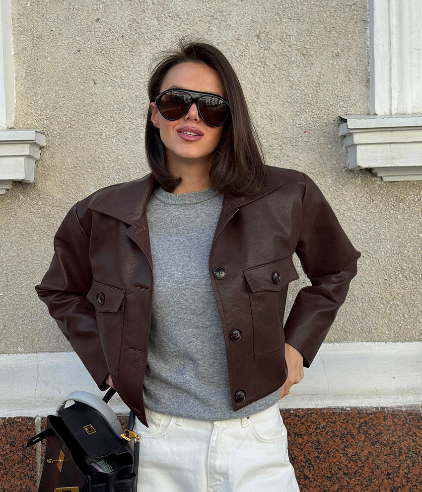 Brown Cropped Faux Leather Jacket for Women Flap Pockets