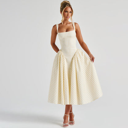 Gingham French Style Plaid Midi Princess Dress
