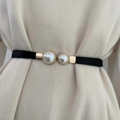 Pearl buckle thin waist belt for women