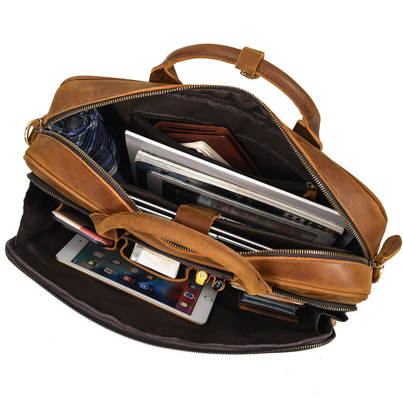 Real Leather Office Bag with Rear Trolley Strap