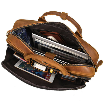 Real Leather Office Bag with Rear Trolley Strap