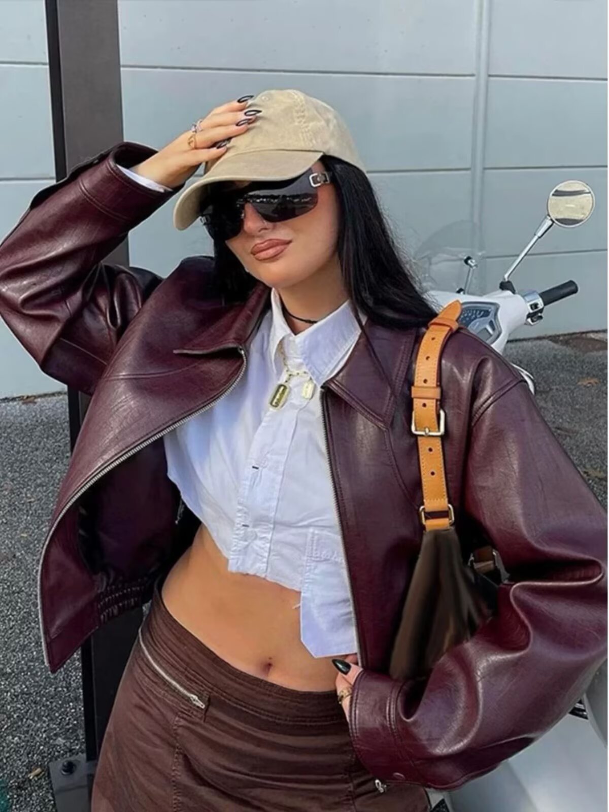 Women Faux Leather Wide Lapel Bomber Jacket