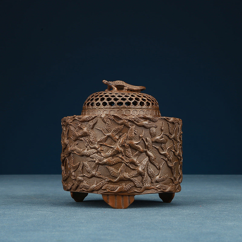 Copper Incense Burner with Crane Design and Decorative Pierced Lid
