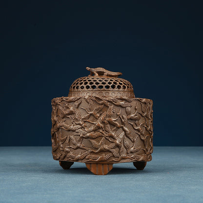 Copper Incense Burner with Crane Design and Decorative Pierced Lid
